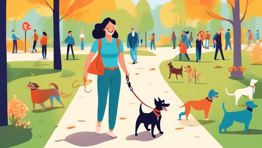 A cheerful park setting with an owner successfully walking their well-behaved dog, holding a loose leash. The dog is calmly walking beside the owner, wearing a comfortable harness. In the background,
