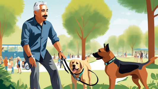Create a detailed illustration of Cesar Millan, the renowned dog behaviorist, demonstrating various dog leash techniques in a park setting. Include different types of dog breeds, showing them on leash