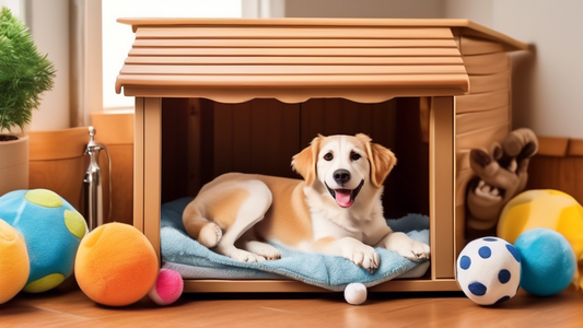 Create an image of a cozy and well-equipped dog kennel filled with essential supplies for a happy dog. Include items such as a comfortable dog bed, food and water bowls, a variety of toys (like balls,