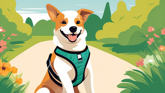 Create an image of a happy dog wearing a comfortable, well-fitted vest harness. The dog should be in an outdoor setting with vibrant greenery, showcasing various features of the harness such as adjust