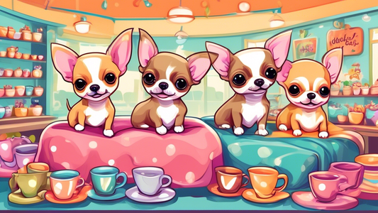 Create an image featuring a group of incredibly cute teacup Chihuahuas in a cozy, colorful pet store setting. The tiny puppies should have expressive, playful eyes and be surrounded by soft, plush bed