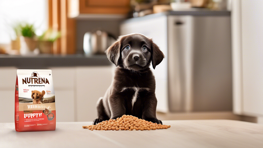 An adorable puppy sitting happily next to a bowl of Nutrena Puppy Food, in a cozy kitchen setting. The package of puppy food is clearly visible, showcasing its vibrant design and highlighting key nutr