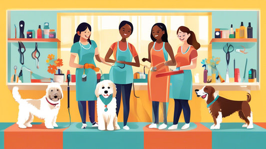 Create an image featuring a cheerful and welcoming classroom setting where a diverse group of beginners are learning about dog grooming. Include grooming tools, a variety of dog breeds with different