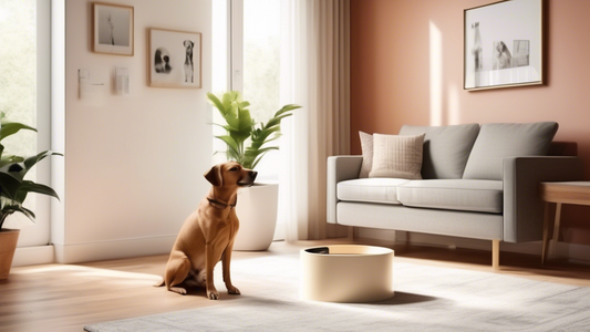 Create an image of a stylish, modern living room featuring a dog-proof litter box. The litter box should be cleverly designed, showcasing features like a secure lid, non-slip base, and an entryway too