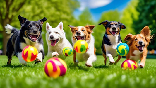 Create a vibrant and dynamic image of a group of happy, energetic dogs playing in a sunny park with the colorful Wobble Wag Giggle Ball. Show the dogs of various breeds chasing, nudging, and interacti