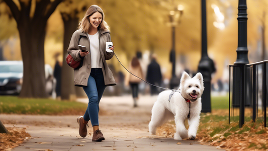 Create an image of a person joyfully walking a dog in a bustling city park using a modern, hands-free lead. The person’s hands are free, and they are holding a cup of coffee and checking their phone,