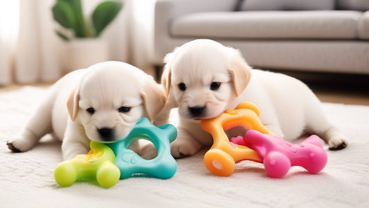 Create an image of adorable puppies happily chewing on colorful, freezable teething toys. The scene should be bright and inviting, set in a cozy living room with a playful and comfortable atmosphere.