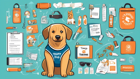 Create a detailed illustration of a therapy dog in training, wearing a vest with a 'Training in Progress' sign. Surround the dog with elements that represent the costs involved in its training: a trai