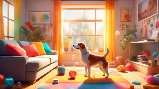 A bright, cheerful scene of a living room with a playful dog pressing a colorful, labeled communication button with its paw. The dog looks eager and attentive. Nearby, a happy pet owner kneels with a