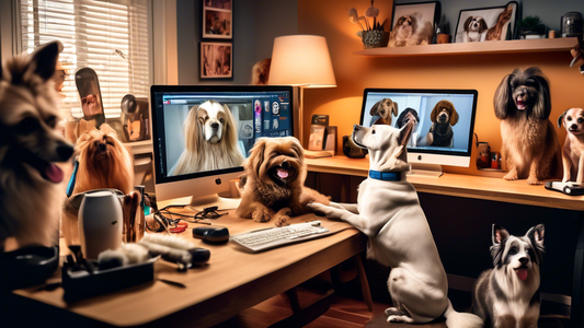 A vibrant image of a person sitting at a computer in a cozy home office, surrounded by playful dogs of various breeds. On the computer screen, there are video tutorials featuring professional groomers