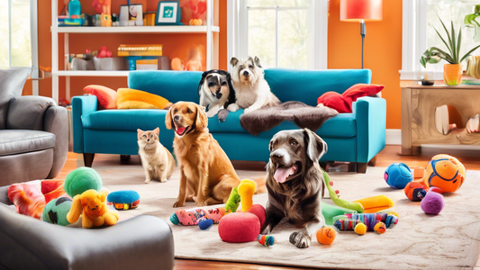 A colorful assortment of top-rated pet toys from Chewy.com, featuring interactive gadgets, plush animals, squeaky balls, and durable chew toys, beautifully arranged in a cozy, pet-friendly living room