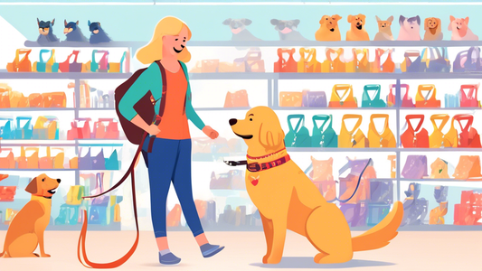 Prompt for DALL-E: A well-lit pet store aisle showcasing a variety of colorful, comfortable harnesses designed for pets. There are dogs and cats of various breeds happily wearing different harness sty