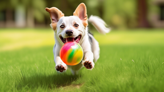 Create an image of a happy dog playing with a colorful, interactive ball toy in a lively outdoor setting. The dog is mid-action, with its ears flopping and a joyful expression as it chases the ball th