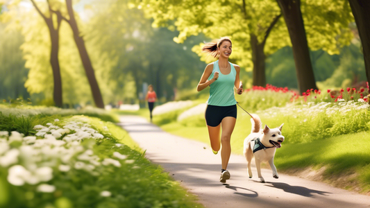 An energetic person jogging through a scenic park on a sunny day with a happy dog connected to a hands-free leash around their waist. The hands-free leash allows the person to run freely while the dog