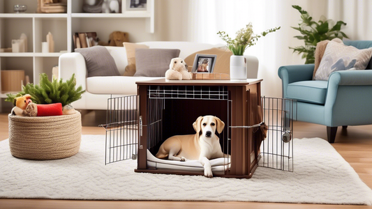 Create an image of a cozy living room with a dog crate positioned in a comfortable and welcoming spot. Inside the crate, a happy, relaxed dog is lying on a soft, plush bed. Surrounding the crate, incl