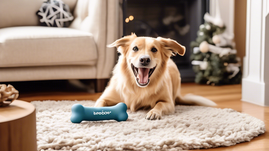 Create an image of a happy, energetic dog vigorously chewing on a Benebone chew toy in a cozy living room setting. The chew toy is clearly branded with the Benebone logo and showcases its durable, hig