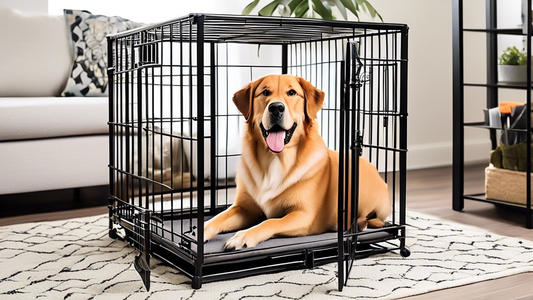 Create a detailed image of a high-quality, heavy-duty steel dog crate in a home setting. The crate should have reinforced bars and secure locks. Inside the crate, depict a happy, medium-to-large dog c