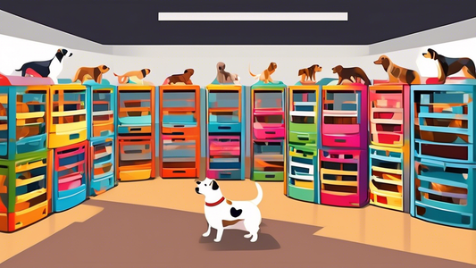 Create an image of various Skudo dog crates in different sizes and colors, neatly displayed in a pet store. Include a variety of dog breeds, each comfortably settled inside their appropriately-sized c