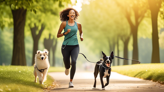 Create an image of a cheerful person jogging through a picturesque park with their dog using a hands-free dog leash. The leash is fastened to the person's waist, allowing them to run freely while the
