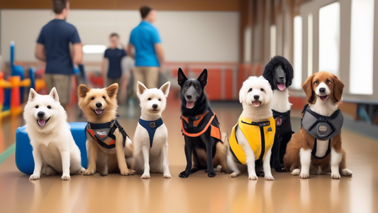 Create an image that illustrates a diverse group of service animals in training. The scene should include a variety of animals such as dogs, miniature horses, and even a service bird, each equipped wi