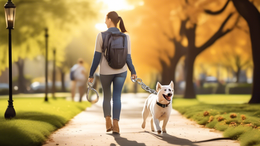 Create an image showing a happy dog owner walking their dog using a sturdy carabiner dog leash. The scene is set in a lively park with other pets and their owners in the background. The carabiner is p