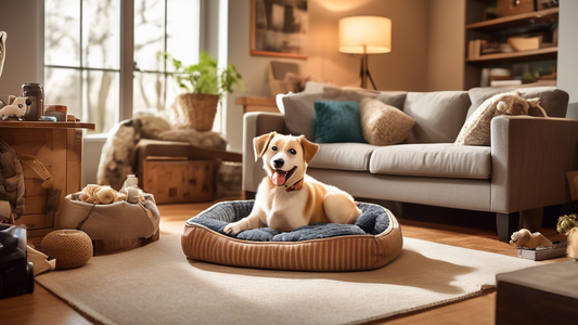 Create an image of a happy new dog owner in a cozy living room with several essential puppy products neatly arranged around them. Include items such as a comfortable dog bed, chew toys, grooming brush