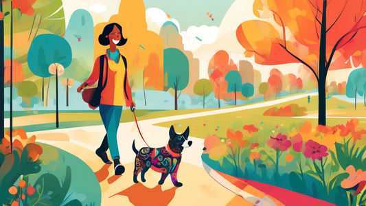 Create an image of a happy dog and its owner walking in a scenic park, where the dog is wearing a unique custom dog leash with their name and colorful patterns. The owner also looks content, enjoying