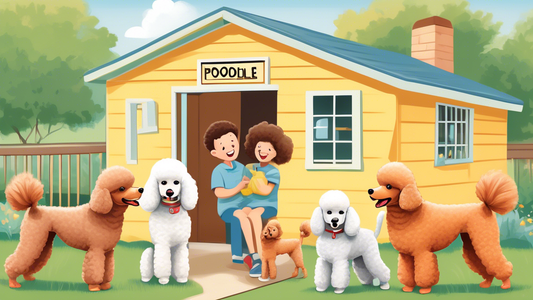 Create an image of a family visiting a cheerful, well-maintained outdoor kennel where AKC Toy Poodles are playfully interacting with each other. Highlight the joyful expressions on the family's faces