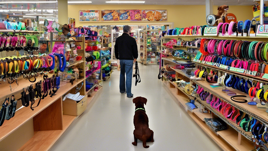An inviting pet store aisle filled with a variety of colorful dog leads and collars, showcasing different types of materials, lengths, and designs. A thoughtful pet owner is seen examining the options