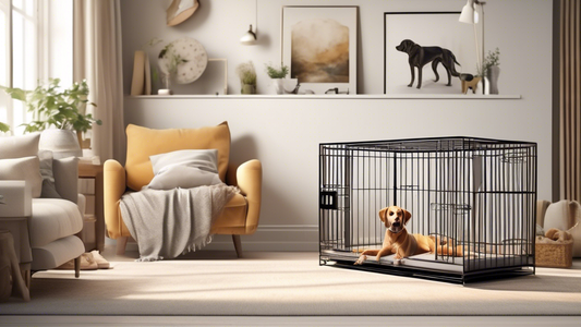 Create a realistic and detailed image of a spacious, well-lit living room. In the center, place a high-quality dog crate with a removable divider. The crate itself should have a sturdy metal frame wit