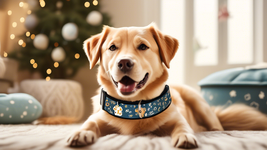 A heartwarming image of a happy dog wearing a beautifully designed, personalized dog collar. The collar features the dog’s name in elegant lettering, surrounded by charming decorative elements such as