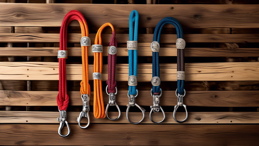 Create an image of a variety of colorful and stylish rope leashes neatly displayed on a rustic wooden table. Each leash should feature different designs, such as braided patterns, reflective threads,