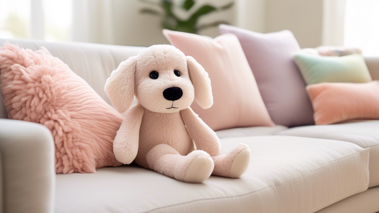 Create a heartwarming scene featuring a cute Jellycat Amore Dog plush toy in a cozy, brightly lit living room. The plush toy is sitting on a soft, fluffy blanket on a couch with some decorative pillow