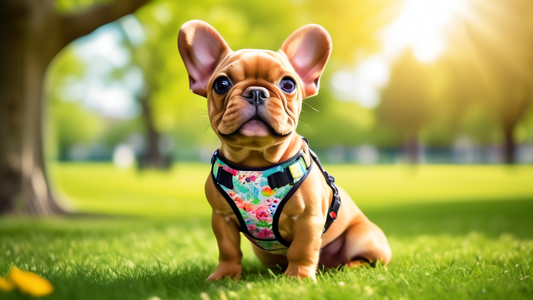 Create an image of a cheerful small dog, such as a Cocker Spaniel or French Bulldog, wearing a beautifully designed, fashionable harness with vibrant colors and patterns. The setting is a sunny park w