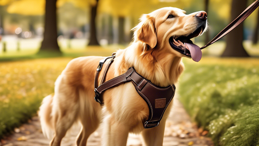 Create a detailed image of a happy dog wearing a leather harness in a beautiful park setting. The dog, a friendly golden retriever, looks comfortable and secure, showcasing the harness's fit and quali