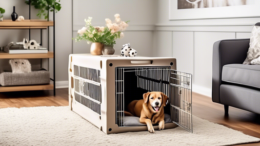 Create an image of a happy dog sitting comfortably inside a sturdy, well-ventilated solid dog crate with a soft bed and toys, placed in a cozy, well-lit living room. The crate should have secure latch