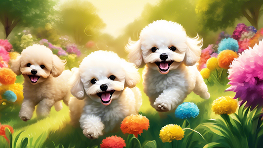 A heartwarming scene featuring a group of fluffy and cheerful Bichon Toy Poodle puppies playfully frolicking in a sunlit garden, surrounded by colorful flowers and soft green grass. Each puppy has a u