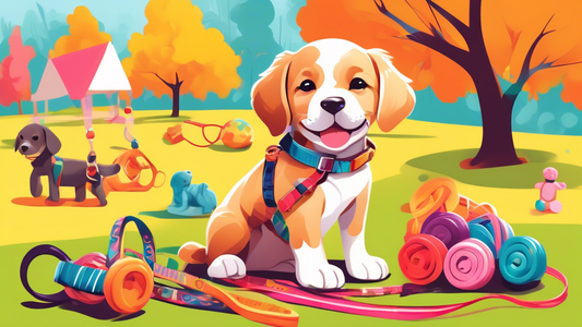 An adorable new puppy sitting happily in a sunny park, surrounded by a variety of colorful and stylish leashes. Each leash is displayed neatly, showing different materials, designs, and features. The