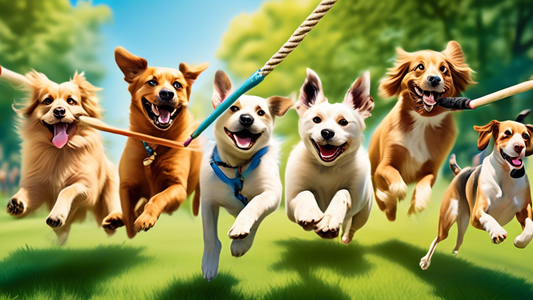 Create an image of a playful scene in a lush park featuring a diverse group of dogs of various breeds joyfully chasing and jumping after flirt poles (long sticks with ropes and toys attached at the en