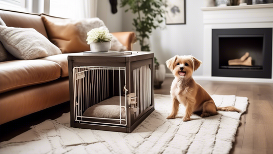 Create an image of a cozy living room with a selection of different small dog crates, each uniquely designed. Some crates should be modern and sleek, others should have a more rustic feel, and a few s