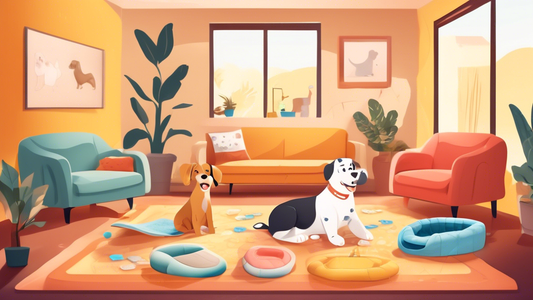 A cozy living room with a variety of dog pee pads displayed, featuring different materials, sizes, and designs. In the center, a happy pet owner is deciding which pad to choose with their excited pupp