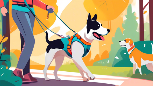 An enthusiastic dog wearing a well-designed harness on a vibrant outdoor trail, walking calmly beside its owner. Various high-quality dog harnesses hang on a display in the background, showcasing diff