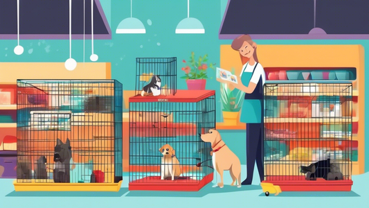 Create an image showcasing a variety of professional dog crates in a neatly organized pet store setting. Highlight different types including wire crates, plastic crates, and soft-sided crates, with sm