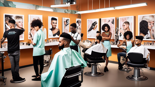 Create an image of a diverse group of individuals engaging in various grooming activities in a modern, well-equipped grooming academy. The scene shows students learning hair cutting, pet grooming, ski