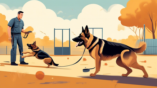 A detailed illustration of a professional dog trainer working with a German Shepherd in an outdoor training facility, showing steps of K9 protection training. The image should include elements like bi