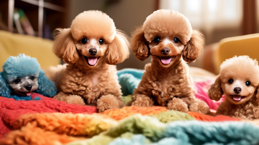 Create an image of an adorable family of toy poodles in a cozy, home setting. The puppies, playful and full of energy, should be displayed in a variety of fun activities: one chewing on a colorful toy