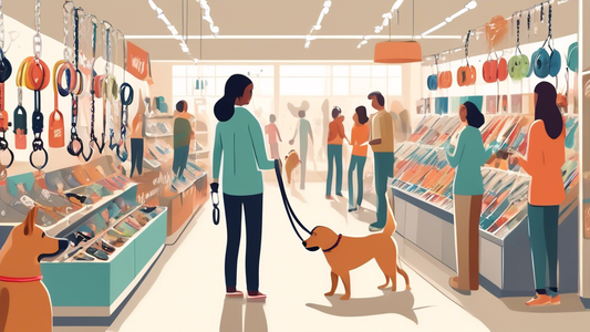 Create an image of a diverse display of chain leashes for dogs in a pet store. The leashes come in various lengths, thicknesses, and styles, with informative tags indicating their appropriate uses. A