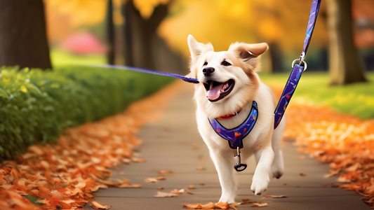 Create a detailed image of a happy dog on a walk in a scenic park, being held by a durable, chew-proof leash. The leash should be visibly sturdy, perhaps made of reinforced materials like braided meta