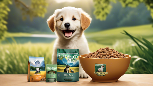 Create an image of a happy, energetic puppy sitting beside a bowl of Taste of the Wild Puppy Food. In the background, show a lush, green outdoor setting to emphasize the natural ingredients. The puppy