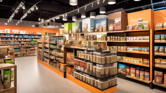 Create an image that showcases a variety of high-quality dog food brands on display at a modern pet store. Include well-organized shelves filled with different types of dog food bags and cans, both dr
